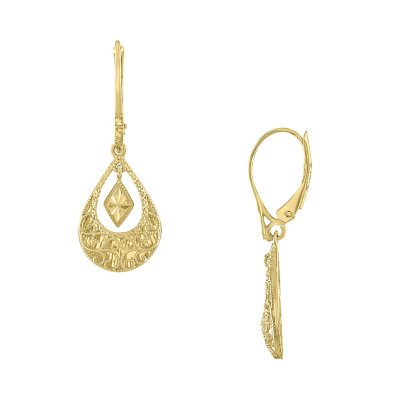 14k Yellow Gold Teardrop Hook Earrings with Floral Design 1 1/4in