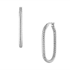 14K White Gold Crystal Diamond Cut Oval Paper Clip Hoop Earring