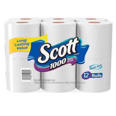 Scott 1000 Toilet Paper, 32 Rolls, Septic-Safe, 1-Ply Toilet Tissue