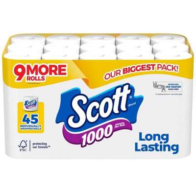 Scott 1000 Toilet Paper, Septic-Safe, Long Lasting, 20 Rolls, 1,000 Sheets  per Roll