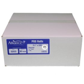 Alliance BPA Free Thermal Paper Receipt Rolls, 3 1/8" x 220', White, 50 Rolls