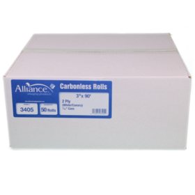 Alliance 2-Ply Carbonless Receipt Rolls, 3"x90', White/Canary, 50 Rolls