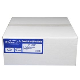 Alliance 2-Ply Carbonless Receipt Rolls, 3"x100', White/Canary, 50 Rolls