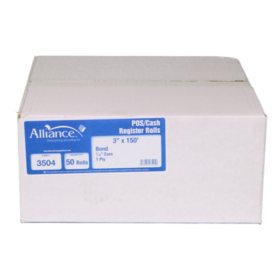 Alliance Bond Paper Receipt Rolls, 3"x150', 50 Rolls