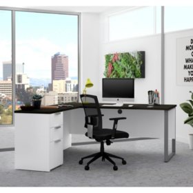 Bestar Pro-Concept Plus 72W L-Shaped Desk with Drawers in White & Deep Grey		
