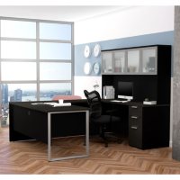 Bestar Pro-Concept Plus U-Desk with Frosted Glass Door Hutch, Deep Grey and Black