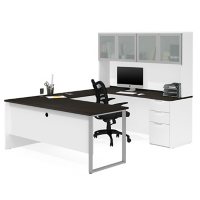 Bestar Pro-Concept  Plus U-Desk with Frosted Glass Door Hutch, White and Deep Grey