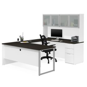 Bestar Pro-Concept Plus 72W U-Shaped Executive Desk with Pedestal and Frosted Glass Doors Hutch in White & Deep Grey		