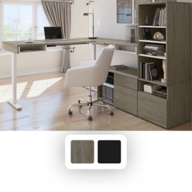 Bestar Pro-Vega 72W L-Shaped Height Adjustable Standing Desk with Credenza and Shelving Unit