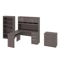 Innova 60"W L-Shaped Desk with Hutch, Lateral File Cabinet, and Bookcase, Bark Grey