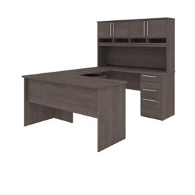 Bestar Innova U or L-Shaped Desk with Hutch in Bark Grey		