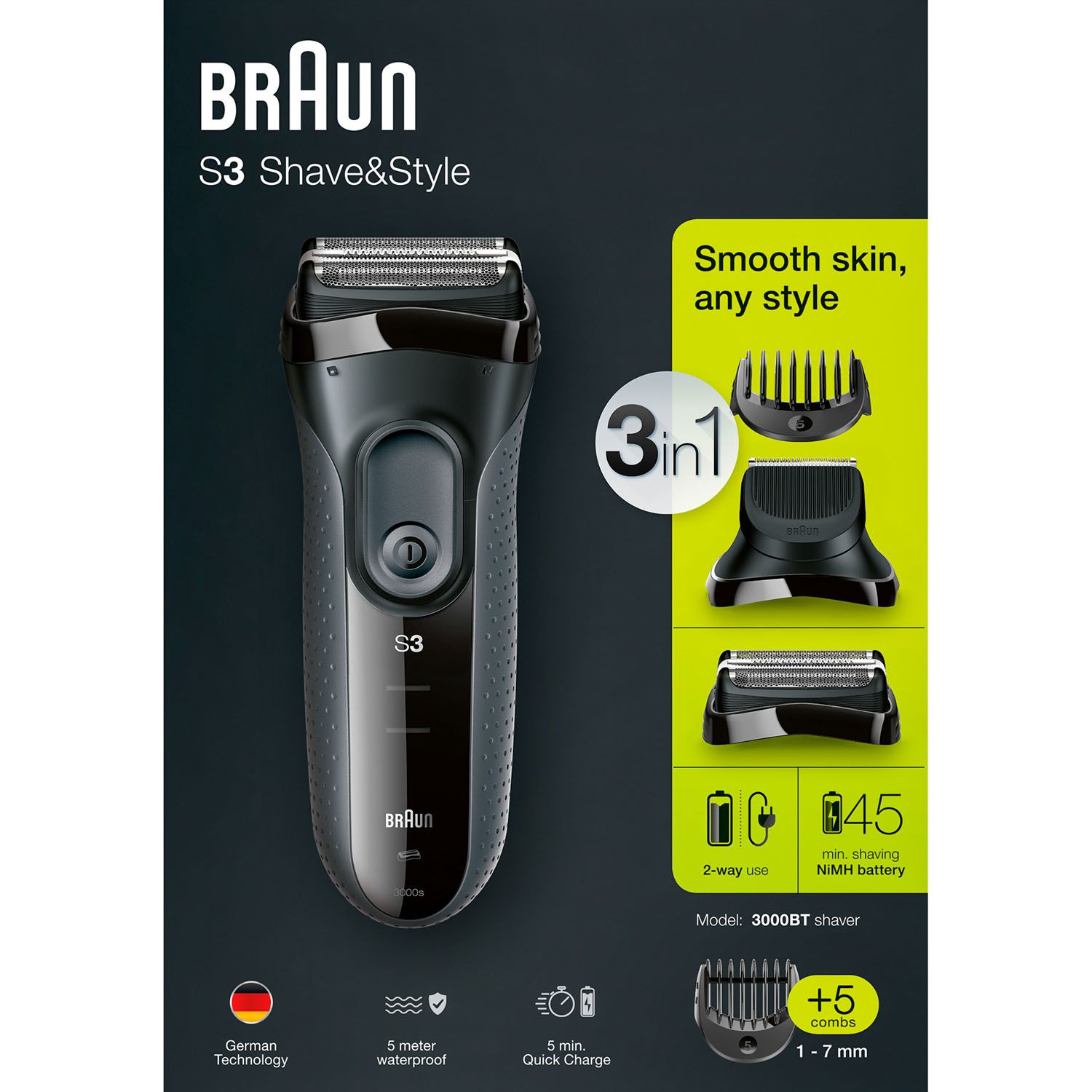Braun Series 3 3000BT 3-in-1 Shaver with Precision Trimmer & 5 Comb Attachments