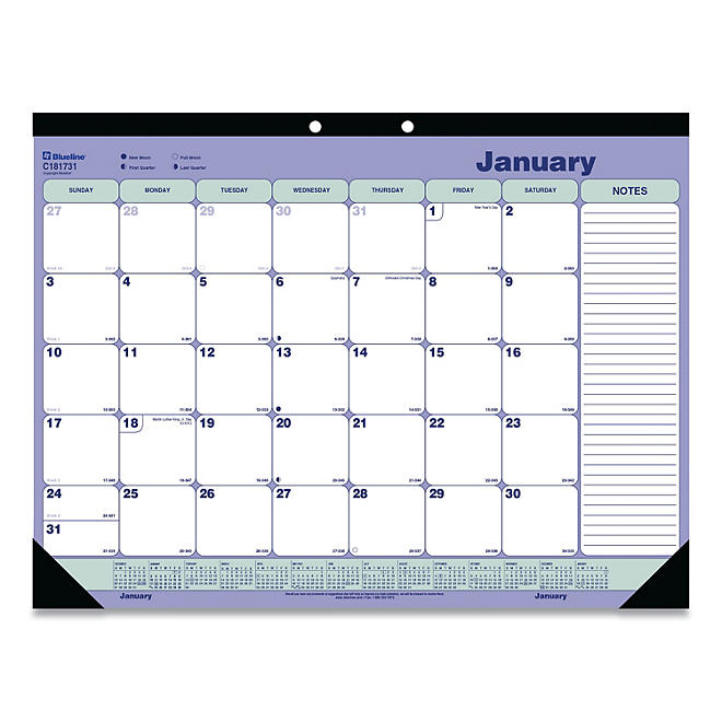 Blueline Desk Pad Calendar, 21.25 x 16, Blue/White/Green, 2022