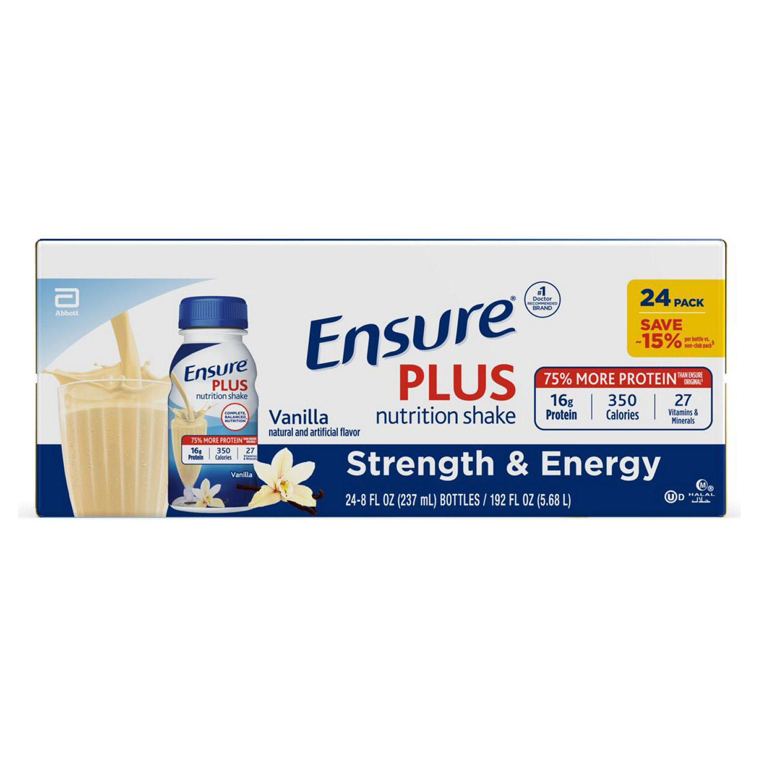 Ensure Plus Nutrition Shake, Small Meal Replacement Shake, Vanilla (8 fl. oz, 24 ct.)
