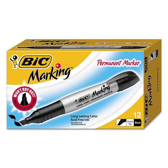 BIC® Marking Chisel Tip Permanent Marker, Tuxedo Black, 12pk.