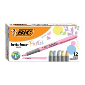 BIC Brite Liner Grip Pastel Highlighters, Versatile Chisel Tip, Soft Grip, 12-Count in Assorted Colors