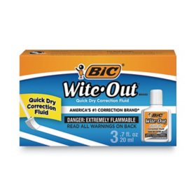 BIC Wite-Out Quick Dry Correction Fluid, 20 ml Bottle, White, 3pk.