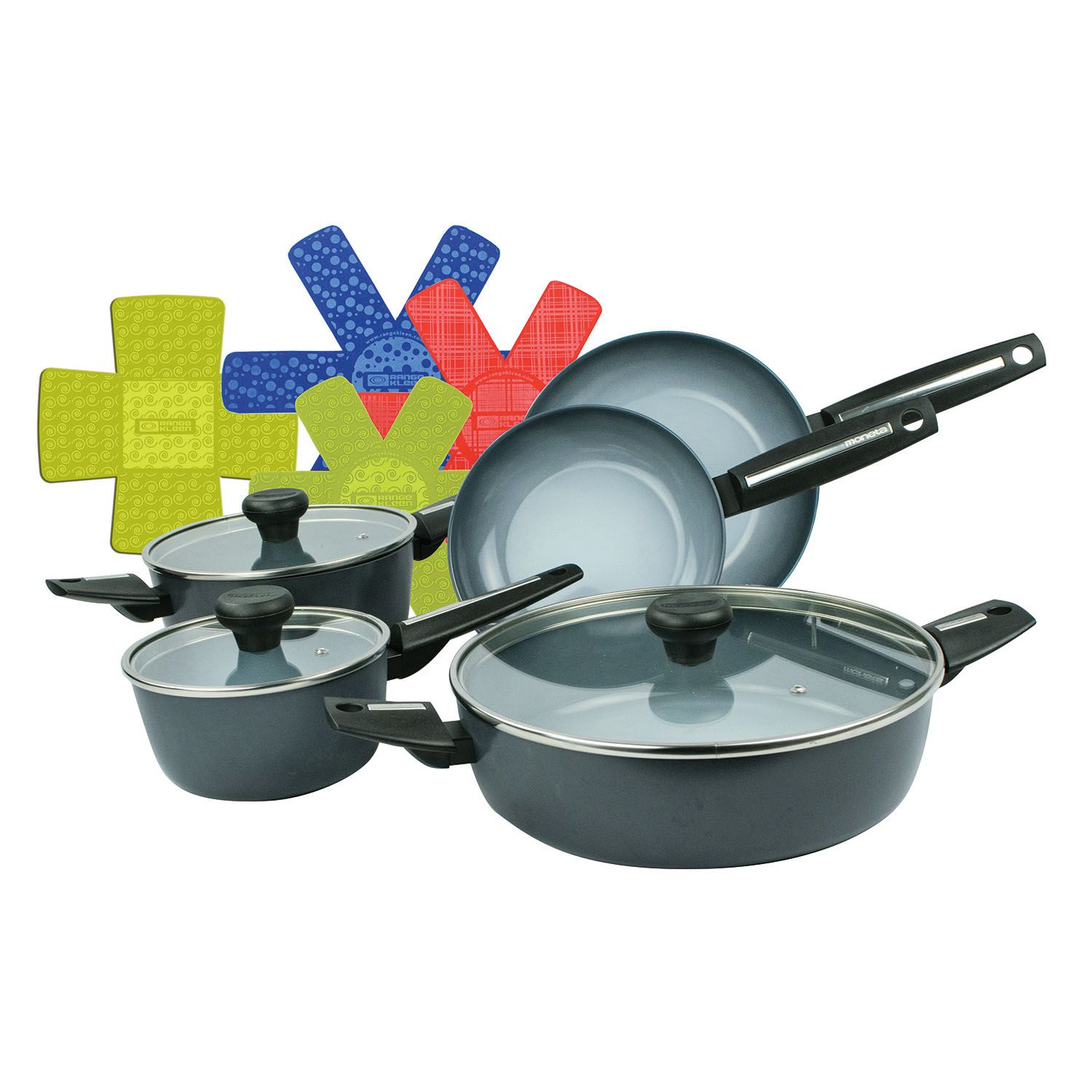 Moneta Azul Gres 8-Piece Ceramic Nonstick Cookware Pan Set + Bonus Cookware Protectors