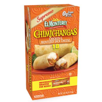 Chicken Chimichangas from @el.monterey made with Monterey Jack cheese.  Please leave any reviews if you've tried them! Price $19.99 for 18…