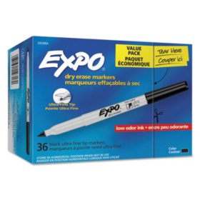 EXPO Low Odor Dry Erase Markers, Ultra Fine Tip - Office Pack, Black, 36/Pack