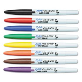 Expo Vis-à-Vis Wet-Erase Marker, Fine Point, Assorted Colors, 8pk.