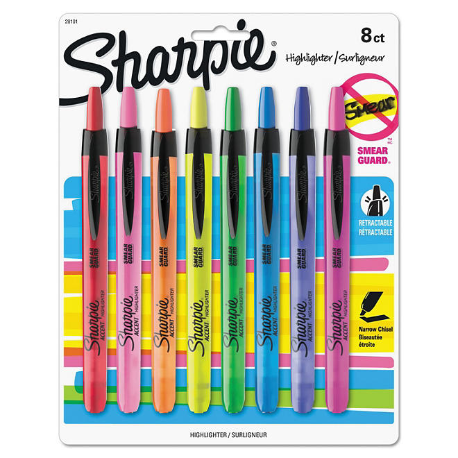 Sharpie - Accent Retractable Highlighters, Chisel Tip, Assorted Colors -  8/Set