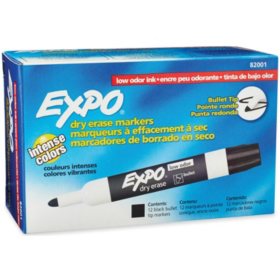 EXPO Low Odor Dry Erase Markers, Black Bullet Tip, 12 ct.