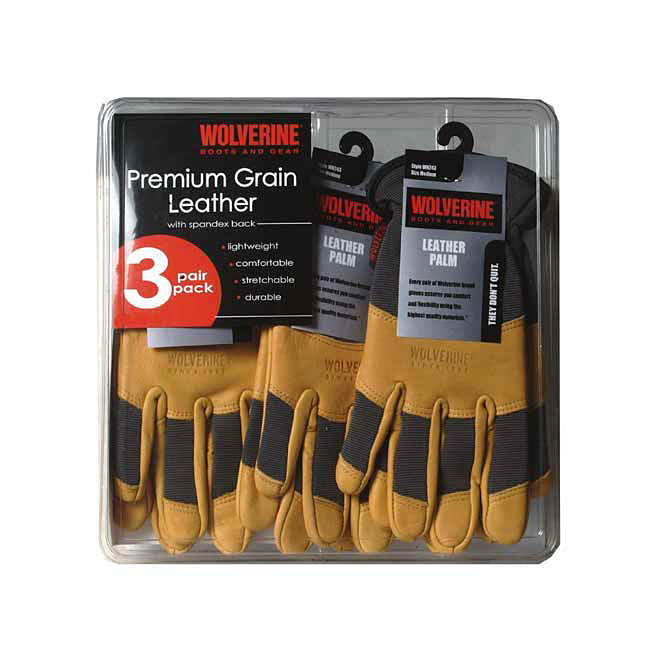 3pk Wolverine Leather Work Gloves-Extra Large