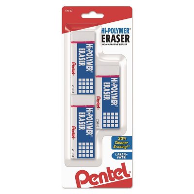 Pentel Hi-Polymer Eraser, For Pencil Marks, Rectangular Block, Medium, White, 3/Pack