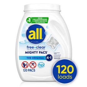 All Mighty Pacs Free Clear Laundry Detergent 120 Loads Sam S