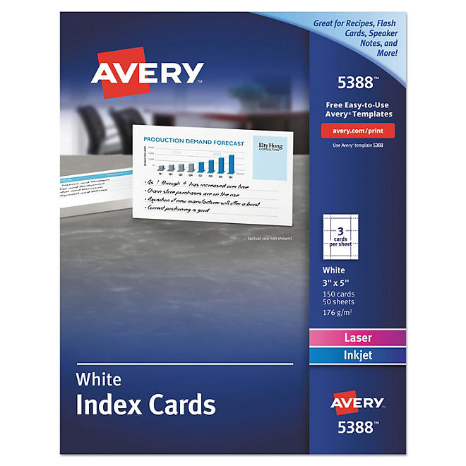 Avery Printable Index Cards with Sure Feed for Laser and Inkjet Printers, 3 x 5, White, 150/Box