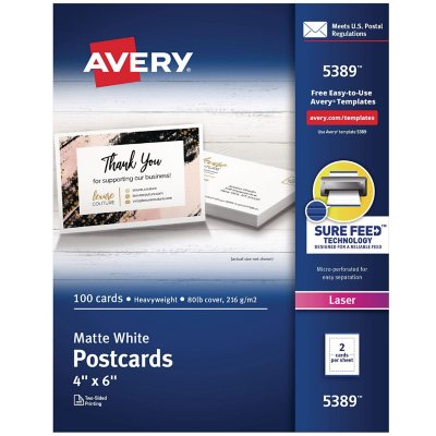 Avery 5389 Laser 4 x 6 Postcards, Book Heavy Card Stock, White