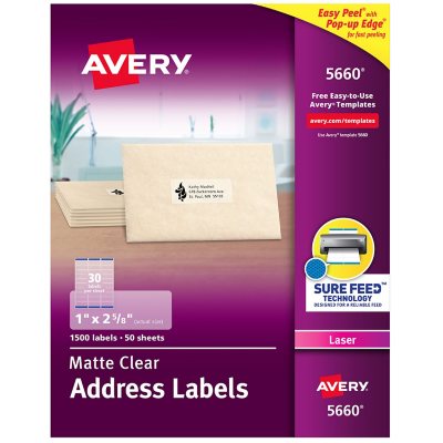 avery matte clear easy peel mailing labels w sure feed technology laser printers 1 x 2 63 clear 30 sheet 50 sheets box sam s club