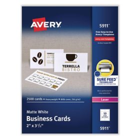 Avery Printable Microperforated Business Cards, Laser, 2 x 3.5, White, Uncoated, 2500/Box