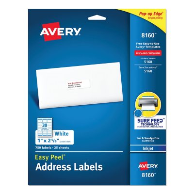 Avery 8160 - Inkjet Address Labels, 1 x 2-5/8', White - 750 Labels