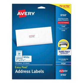 Avery Easy Peel Address Labels w/ Sure Feed Technology, Inkjet Printers, White, 25 Sheets/Pack