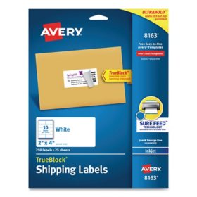 Avery Shipping Labels w/ TrueBlock Technology, Inkjet Printers, 2 x 4, White, 10/Sheet, 25 Sheets/Pack