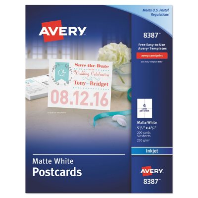 Avery(R) Postcards, 4-1/4 x 5-1/2, Matte White, 200 Blank Postcards for  Inkjet Printers (8387) (8387)