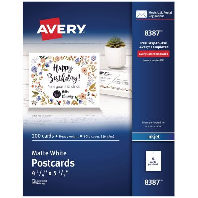 Avery(R) Postcards, 4-1/4 x 5-1/2, Glossy White, 100 Blank Postcards for  Inkjet Printers (8383)