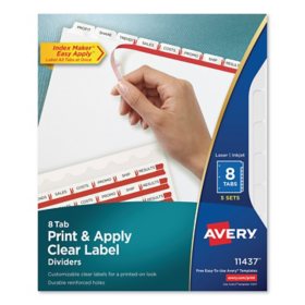 Avery Print and Apply Index Maker Clear Label Dividers, 8 White Tabs, Letter, 5 Sets