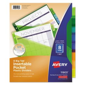 Avery Insertable Big Tab Plastic 1-Pocket Dividers, 8-Tab, 11.13 x 9.25, Assorted, 1 Set