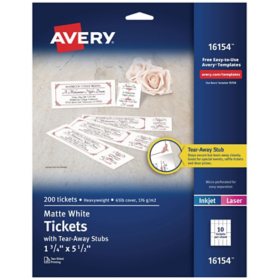 Avery Printable Tickets w/Tear-Away Stubs, 97 Bright, 65lb, 8.5 x 11, White, 10 Tickets/Sheet, 20 Sheets/Pack