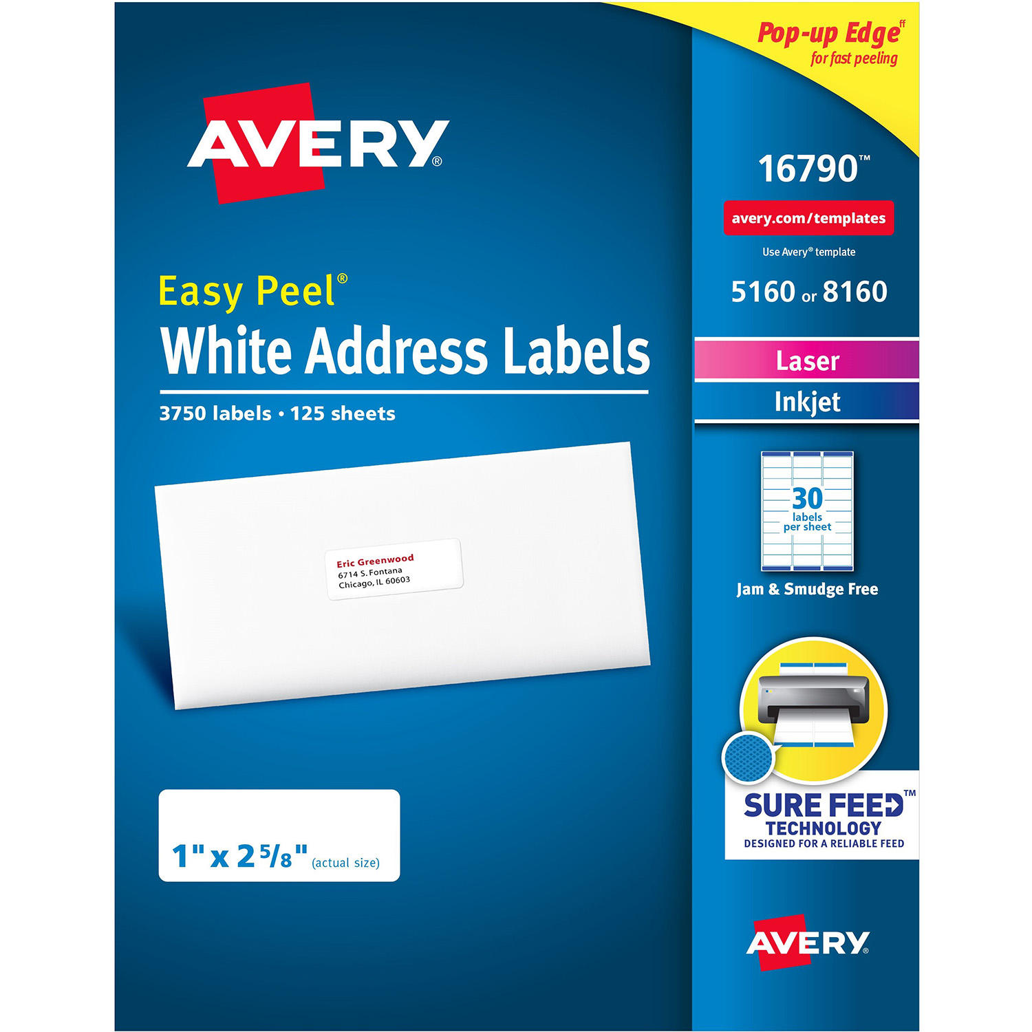 Avery Easy Peel Address Labels, Sure Feed Technology, Permanent Adhesive, 1' x 2-5/8', 3750 Labels