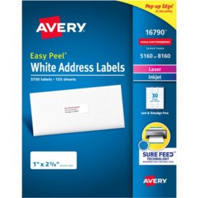 Avery Easy Peel Address Labels, Sure Feed Technology, Permanent Adhesive, 1" x 2-5/8", 3750 Labels
