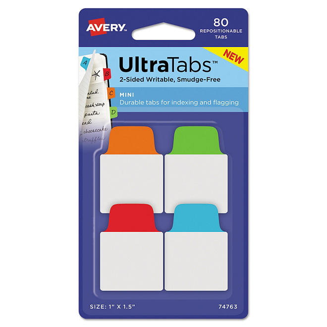 Avery Ultra Tabs Repositionable Tabs, 1 x 1.5, Primary:Blue, Green, Orange, Red, 80/PK