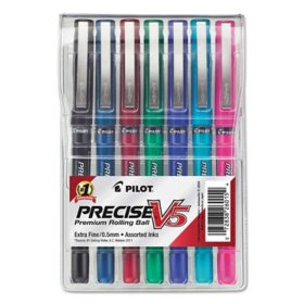Pilot - Precise V5 Roller Ball Stick Pen, Needle Point, Assorted Inks, Extra Fine - 7 Pens