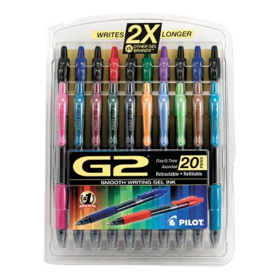 Pilot - G2 Gel Roller Ball, Retractable, Assorted Colors, Fine - 20 Pens