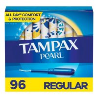Tampax Pearl Tampons Regular Absorbency with BPA-Free Plastic Applicator and LeakGuard Braid, Unscented (96 ct.)