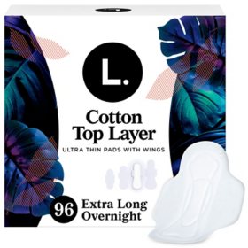 L. Ultra Thin Organic Cotton Overnight Pads with Wings, 96 ct.