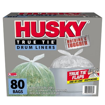 Husky 55 Gallon Clear Flap Tie Drum Liner 80 ct Trash Bags Free Shipping 